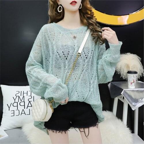 Summer Hollow Out Thin Women Knitted Pullover Tops Fashion Mohair Female Mesh Long Sleeve Pull Jumper Cool Femme O-Neck Pullover