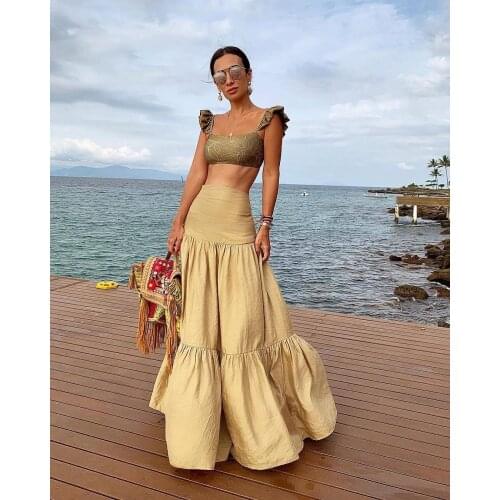 Womens Tops+Long Skirt Summer Pleated High Waist Elasticity Casual Women Sundress 2021 Elegant Bohemian Beach Party Maxi Skirts