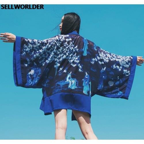 2021 Woman Japanese Kimono Style Sakura Maids Garden Blue Coat sun Protection Shirt Super Loose short Top