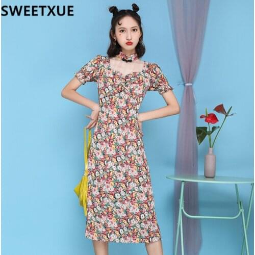 SWEETXUE Retro French Dress 2021 Women Summer Chinese Style Cheongsam Mesh Stitching Chiffon Floral Long Temperament Dress