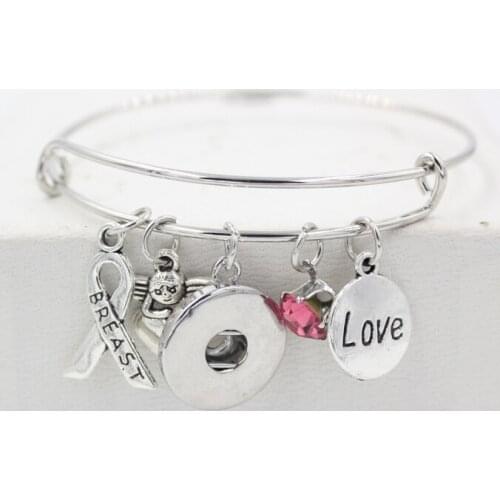 10PCS/LOT DIY Interchangeable Button Jewelry Breast Cancer Awareness Ribbon Charm Wire Snap Bracelets&Bangles Gift