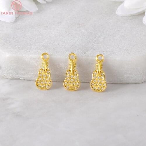 4PCS 11x4MM Hole 1MM 24K Gold Color Plated Brass with Zircon Guitar Music Charms Pendants High Quality Diy Jewelry Accessories