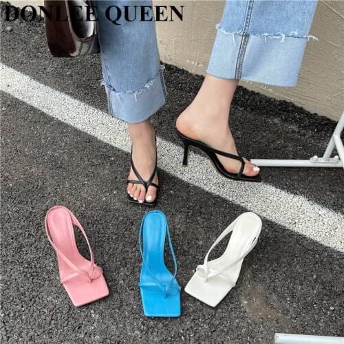 2021 Fashion Brand Square Toe Sandal Slippers Women High Heel Flip Flops Slip On Slide Narrow Band Shoes Elegant Sandalias Mujer