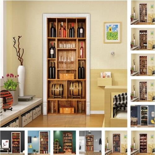 3D Wine Cabinet Bookshelf Door Sticker For Living Room Corridor Decoration Wall Decal Self Adhesive Poster Wallpaper Home Decor