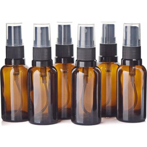6pcs Empty Refillable 30ml Amber Glass Spray Bottle Atomizer with black fine mist sprayer for essential oil perfume aromatherapy