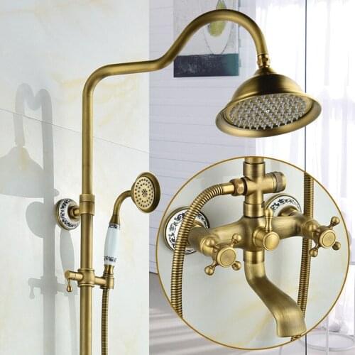 Antique Brass Wall Mounted Mixer Valve Rainfall Shower Faucet Complete Sets + 8" Brass Shower Head + Hand Shower + Hose