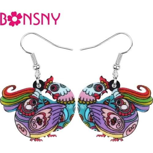 Bonsny Acrylic Anime Floral cock Chicken Rooster Earrings Farm Animal Drop Dangle Jewelry For Women Girls Teens Decorations Gift