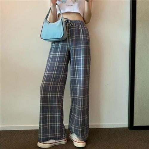 Women Plaid Pants Drawstring Wide Leg Casual Loose Straight Trousers Female Multi-size Spring Autumn Pantalon Femme