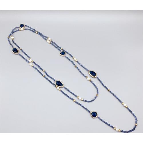 Irregular Blue Quartz Long Necklace With 2mm Crystals 5-6mm White Freshwater Pearls Hammered Gold Beads For Women Girls 50 Inch