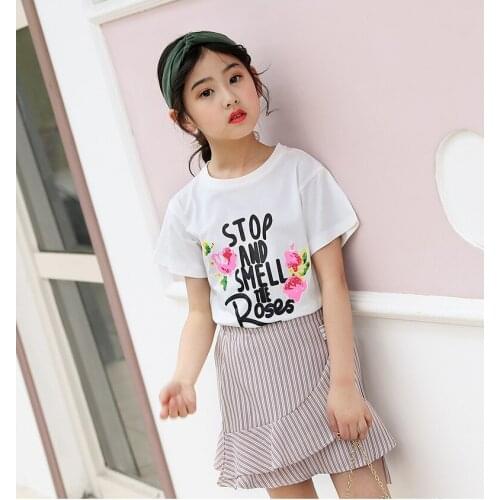 Girls Clothes Sets Summer Children Korea Style Flower T-Shirt & Bow Skirt 2 Pcs Kids Clothing Teenage Girls Short Sleeve Outfits