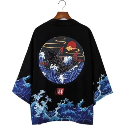 Mens Kimono Cardigan Japanese Carp Print Loose Shirt Tops Summer Casual Woman Man Kimonos Coat Couple Yukata Kimonos V2019
