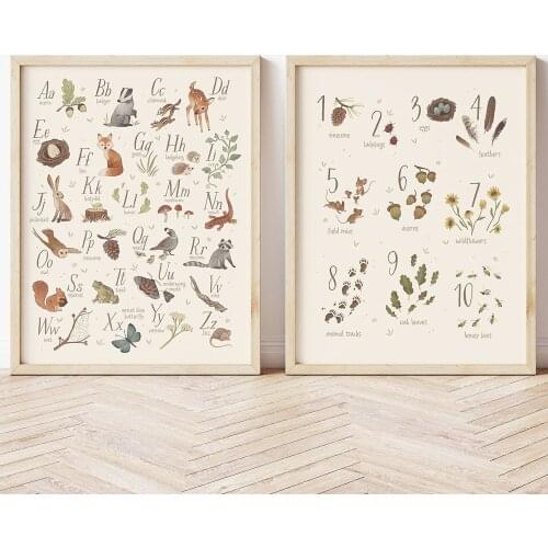 Woodland Alphabet and Number Educational Posters and Prints Nursery Wall Art Canvas Painting Pictures Kids Room ABCs Home Decor