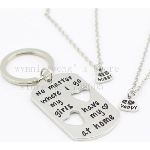 2015 new handstampe Fathers Day Jewelry Dog Tag Keychain and Necklace Set Military Family Set Husband Wife Father Daughter Set
