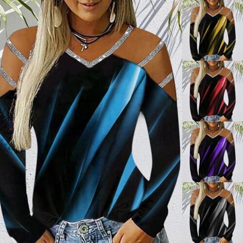 New Fashion Women Sexy Off Shoulder Dress Casual Positioning Line Contrast Print Club Party Blouse Femal V-neck Long-Sleeved Top