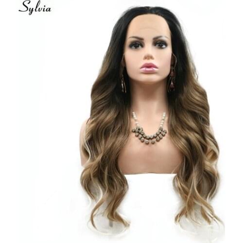 Sylvia Natural Black To Brown Ombre Natural Wavy Wigs Blonde Tips Synthetic Lace Front Wig Heat Resistant Fiber Hair For Women