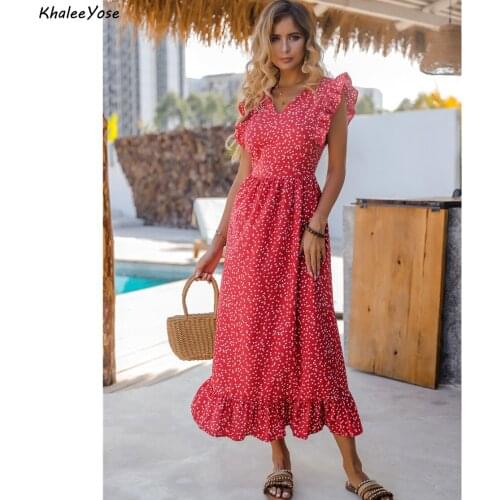 Khalee Yose Floral Printed Maxi Dress red Boho Summer Holiday Women Dresses ruffles flare sleeve Casual Chic Ladies Female Dress