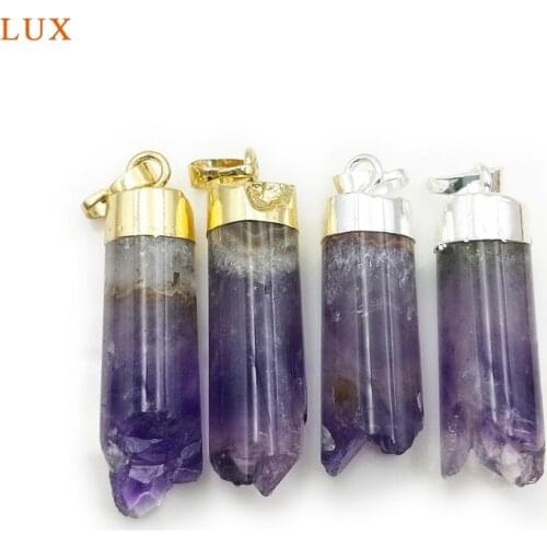 Natural columnar Amethysts druzy Pendants With Gold Electroplated crystal pillar charm For Women Fashion Necklace making