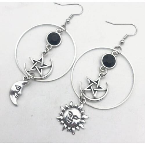 Crescent Goddess Black Birthstone Earrings and Pentagram Witch Moon Earrings Gothic Celestial Jewelry-Sun Jewelry
