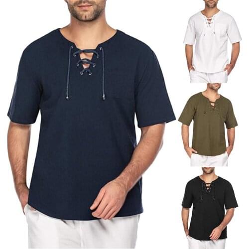 Casual Summer Men Solid Color Short Sleeve Bandage Pocket Linen T-shirt Top