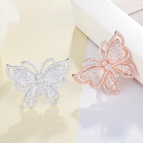 QooLady Lovely Big Butterfly Shape Micro Pave Cubic Zirconia Luxury Big Rose Gold Rings for Women Wedding Bridal Jewelry F012