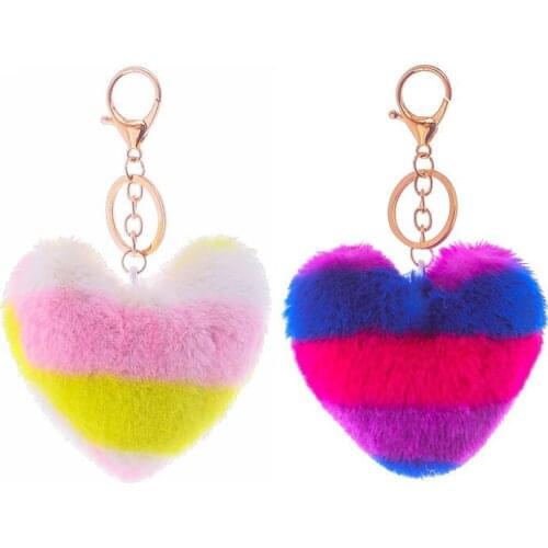 Imitation wool multicolor stitching love pendant color plush heart keychain rainbow heart-shaped bag car ornaments