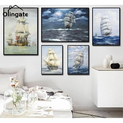 Realist Ship Sailboat Canvas Painting Vintage Landscape Wall Picture Print One Piece Wall Poster Art Home Decor for Living Room