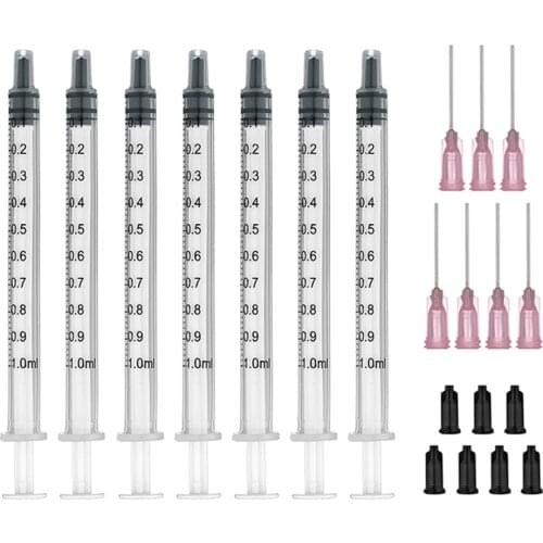 7 Pack 1ml Syringes with Blunt Tip Needles and Storage Caps Plastic Syringe for Glue Applicator, Oil Dispensing Multiple Uses