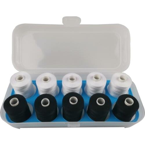 Machine Sewing Thread 10 White And Black Colors 1000 Yards Per Spool With Clear Plastic Storage Box