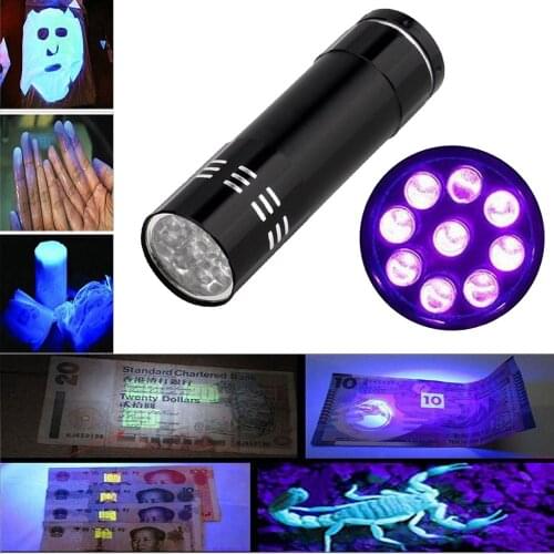 UV Light Torch Lamp Super Mini 9 LED Flashlight Black Ultraviolet Light Super Mini Aluminum UV Light Torch Lamp