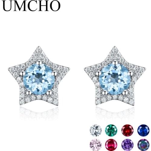 UMCHO Solid 925 Sterling Silver Earrings Colorful Gemstone Start Stud Earrings Birthstone For Women Friends Birthday Gift