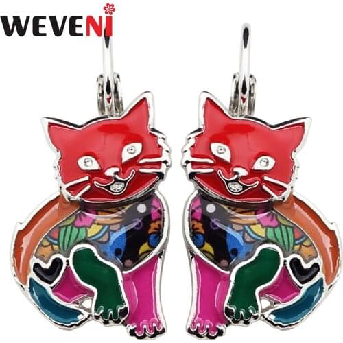 WEVENI Enamel Metal Elegant Cat Kitten Earrings Stud French Clip Fashion Cartoon Animal Jewelry For Girls Women Gift Bijoux 2019