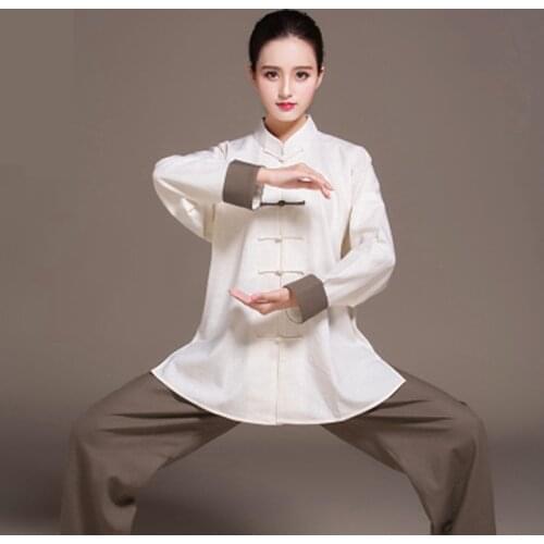 Women Linen Wushu Training Clothing Bi-color Taiji Suit Female Kung Fu Uniform Martial Arts Tai Chi Jiu Jitsu Long Sleeve Set