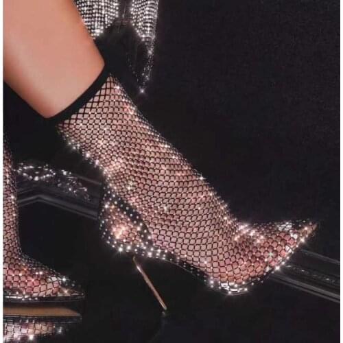 Bling Rhinestone Mesh Ankle Boots Ladies Pointed Toe Slip On Elastic Socks Boots Female Thin High Heels Crystal Short Booties