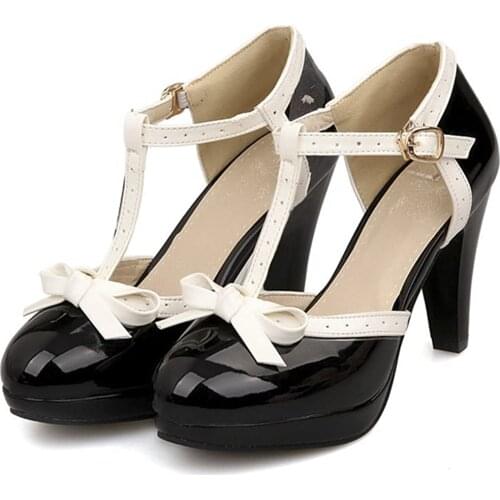 Women T-Strap High Heels Bow Platform Round Toe Pumps Leather Summer Lolita Sweet Shoes