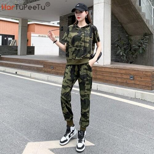 Women Camouflage Loose Set Two Piece Sport Suit 2021 Summer Casual Hooded Top and Ankle-Length Pants Tracksuit Plus Size Outfit