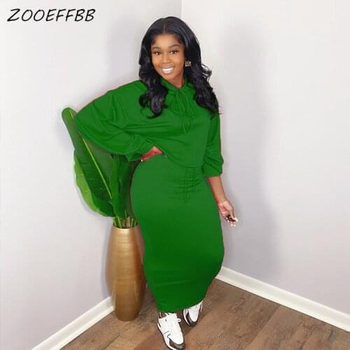 ZOOEFFBB Sexy Hooded Two Piece Birthday Outfits for Women Clothes Long Sleeve Top and Maxi Skirt Trendy Streetwear Matching Sets