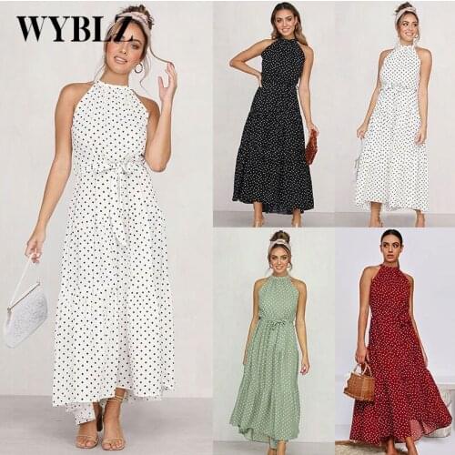 WYBLZ Summer Elegant Fashion Sleeveless Maxi Dress Polka Dot Print Party Women Dress Slim O Neck Sexy Long Dress Femme Vestidos