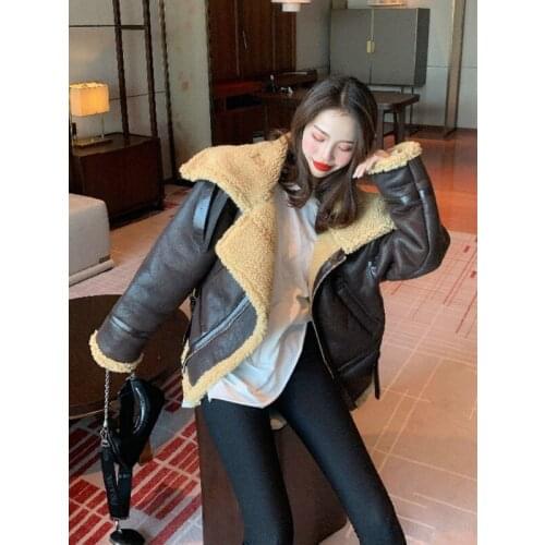 Winter Thickened Lamb Wool Inner Coat Locomotive Pu Leather Fur One Coats Women Casual Loose Stand Collar Cotton-padded Clothes