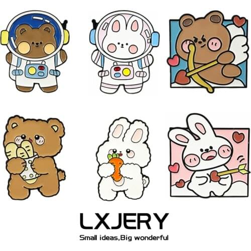 LXJERY Cartoon Bear Rabbit Lover Pins Badge On Backpack Funny Couple Brooch Pins For Clothes Broche For Women Girl Schoolbag