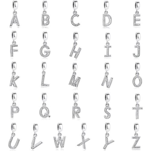 100% Real Sterling Silver Alphabet A-Z Letter Crystal Bead Fit Charm Silver 925 Bracelet Original DIY Women Jewelry Gift