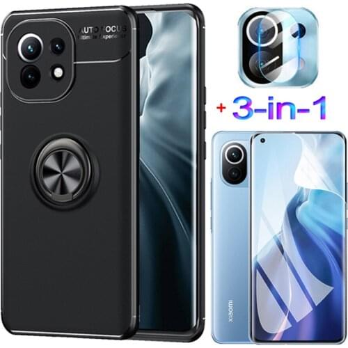 3-in-1, case + hydrogel film for mi11 xiaomi mi 11pro magnetic ring silicone phone cases mi-11 cover mi 11 pro xiaomi mi 11 case