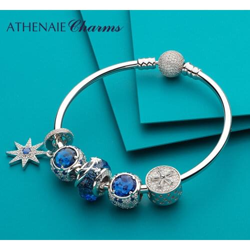 ATHENAIE 925 Sterling Silver Celestial Blue Sparkling Stars Charms Beads Fit Bracelet Bangle For Women Jewerly Mothers Day