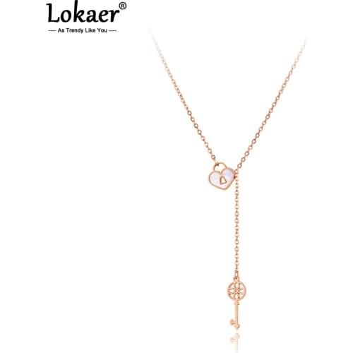 Lokaer Titanium Stainless Steel White Shell Key & Lock Charm Pendant Necklace Bohemia Heart Link Chain Necklace For Women N21044