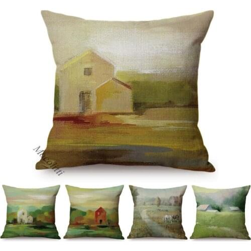 Oil Painting Art Sofa Throw Pillows Case Nordic Farm Hillside Barn House Decoration Square Cushion Cover Room Bed Cushions Cases