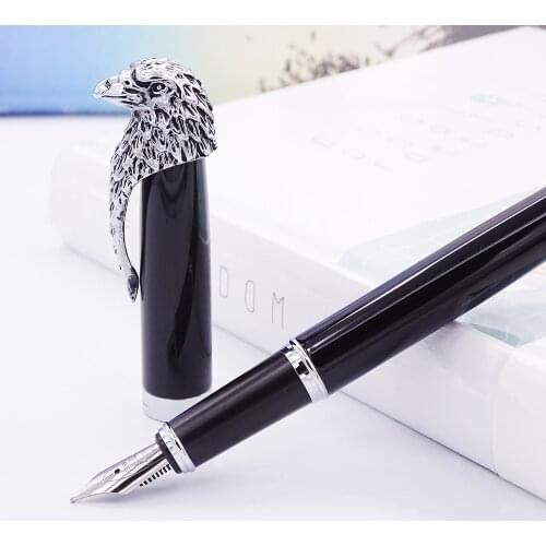 Fuliwen Owl Black Fountain Pen Medium Nib with Ink Refills Converter , Noble Eagle Head Clip Gift Pen