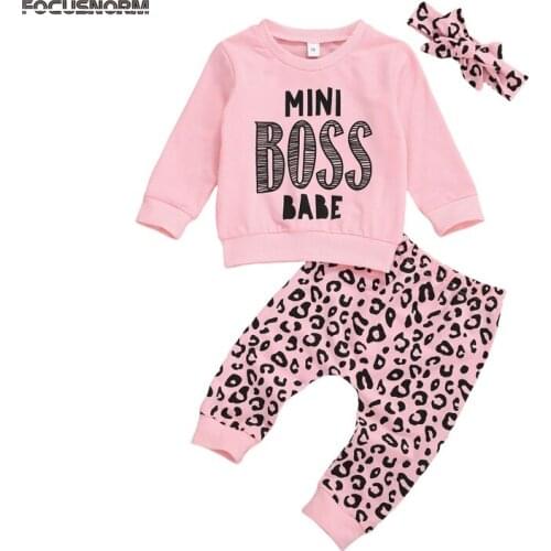 FOCUSNORM 0-3Y Autumn Baby Girls Clothes Sets Letter Print Long Sleeve Pullover Sweatshirt Tops Leopard Pants