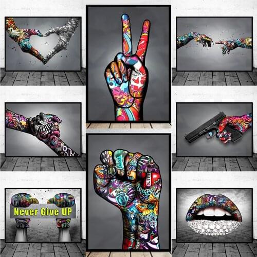 Graffiti Art Canvas Art Paintings Victory Cheer Encouraging Gestures and Lips Poster Print Wall Art Picture for Home Decoration
