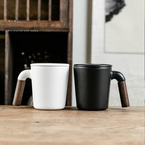 Ceramic Retro Coffee Cups 400ml Brief Office Water Cup Filter Tea Cup with Cover Cups Wooden Handle Birthday Gift Box
