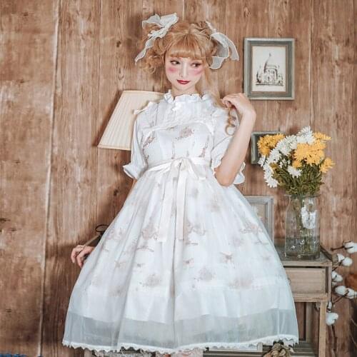Sweet Womens 2Pcs Set: Lolita JSK Dress + Half Sleeve White Shirt Sleeveless Dress Cute Bows Trim White One Piece Fairy Kei