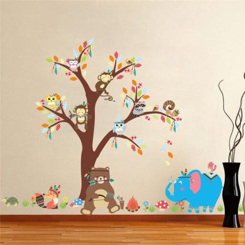 Cartoon Forest Animals Owl Monkey Bear Elephant Tree Wall Stickers For Kids Rooms Boys Children Bedroom Wall Decals Home Decor
